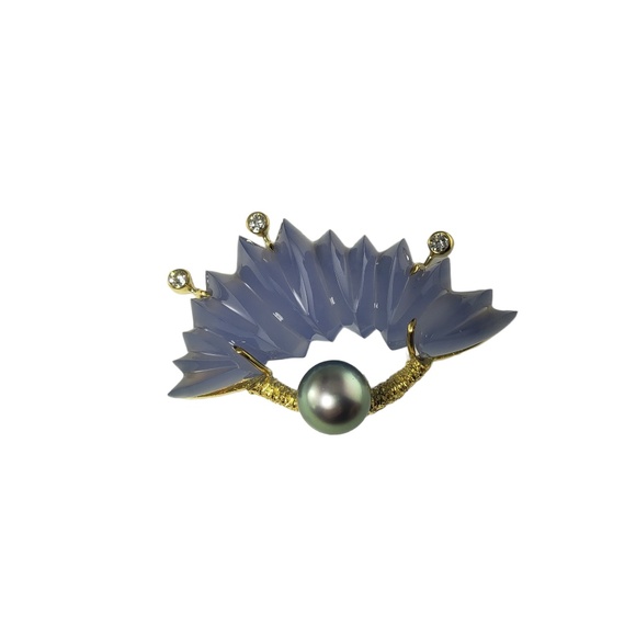 Vintage 18K Yellow Gold Chalcedony, Tahitian Pearl and Diamond Pendant #13703 - Picture 4 of 8